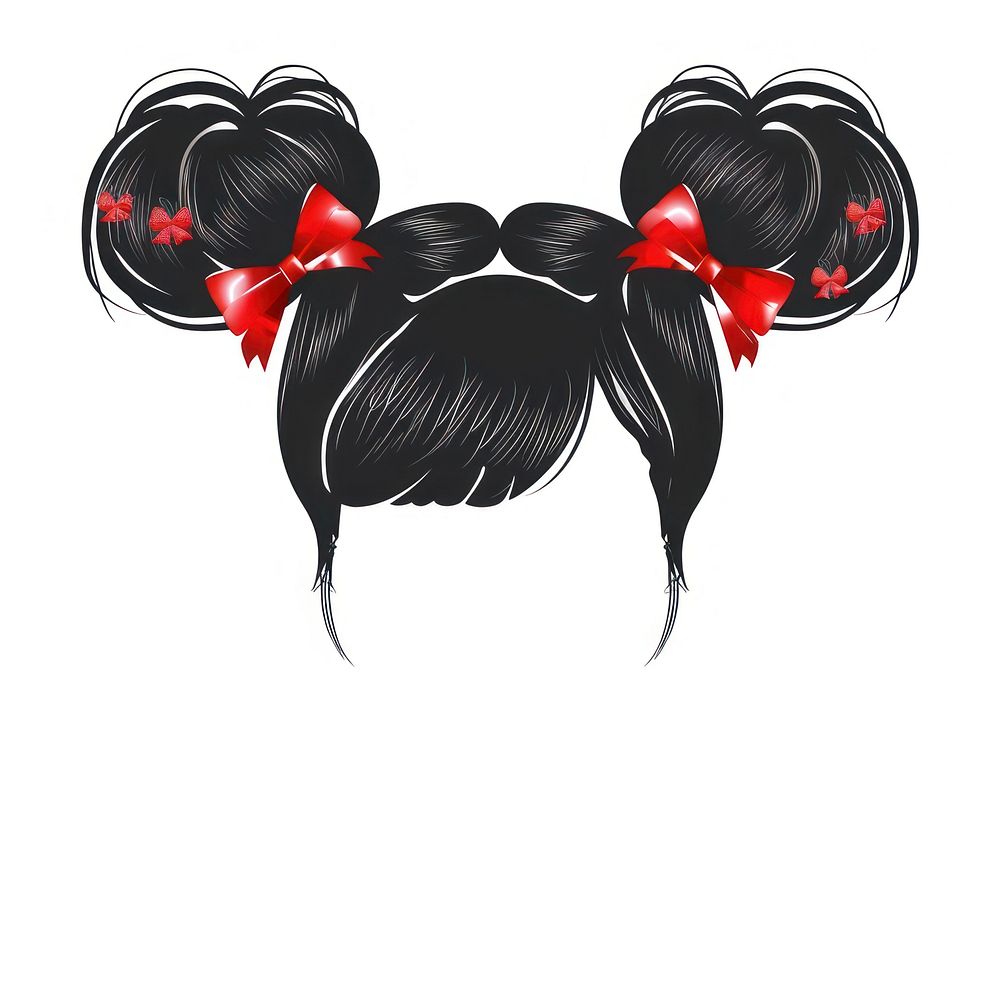 Black buns red bows hairstyle white background front view.