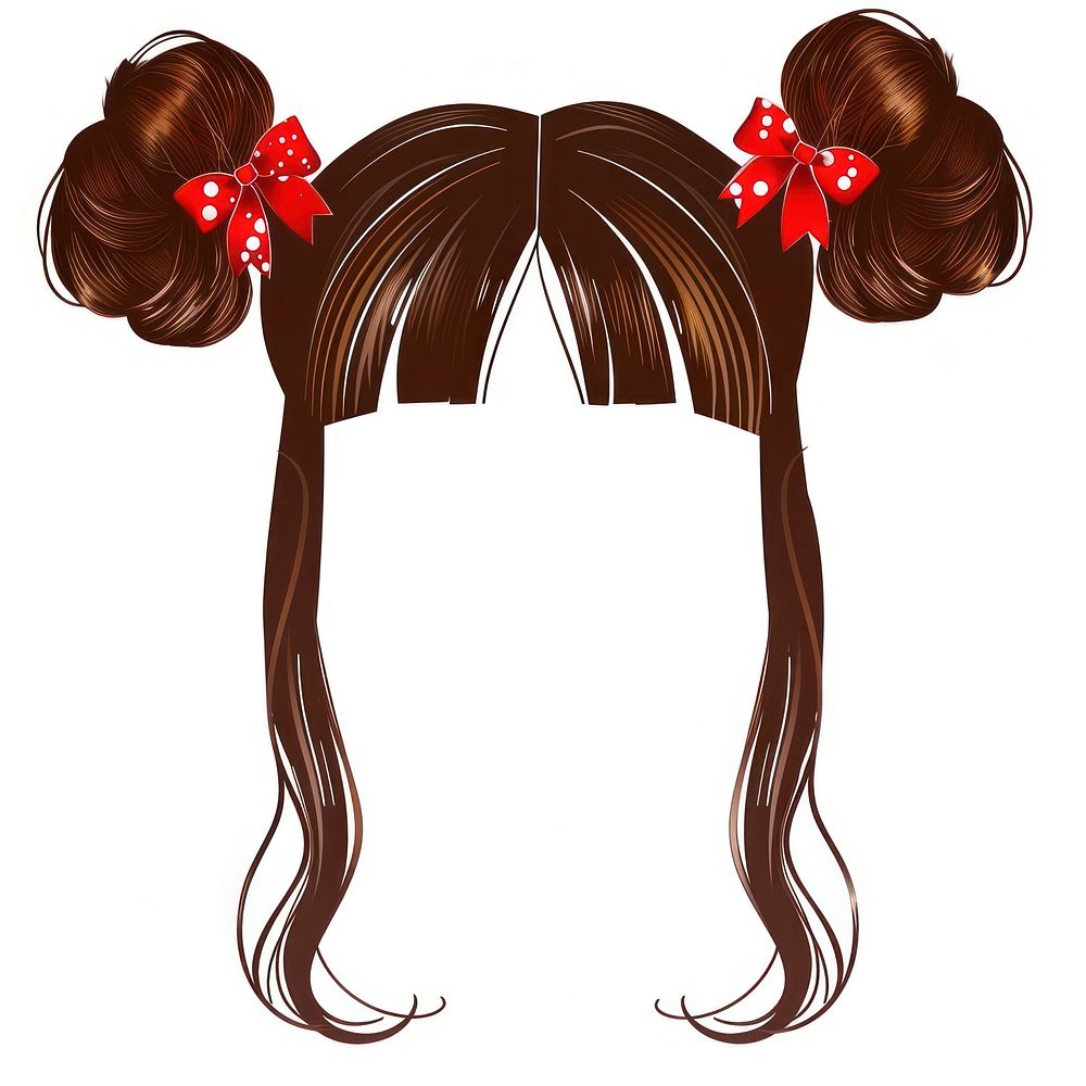 Brown buns red bows hairstyle white background accessories.