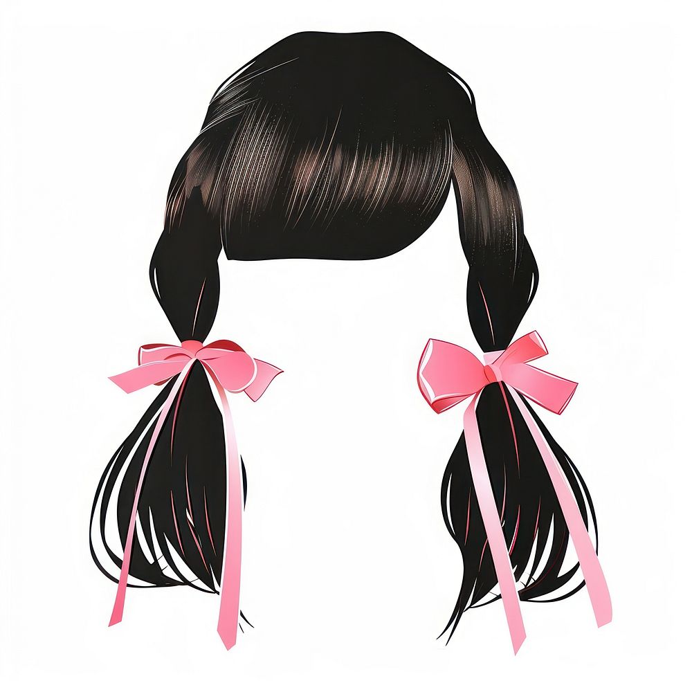 Pink bow on black hair hairstyle white background accessories.