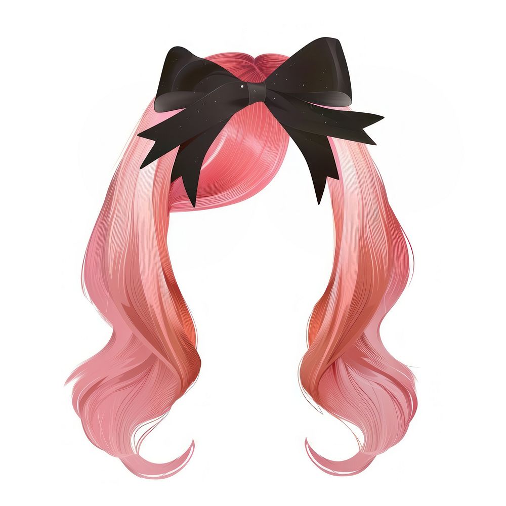 Black bow on pink hair hairstyle wig white background.
