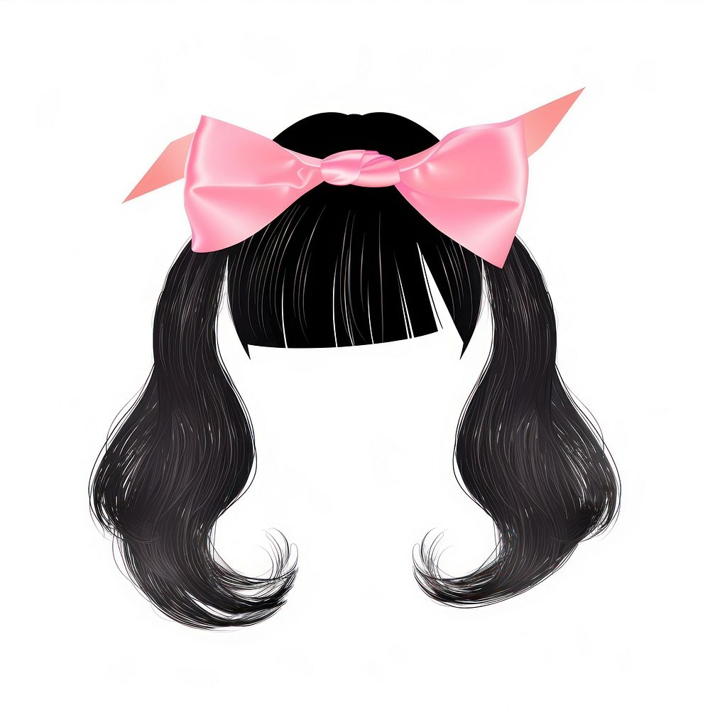 Pink bow on black hair hairstyle wig white background.