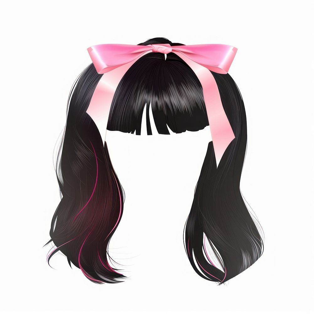 Pink bow on black hair hairstyle wig white background.