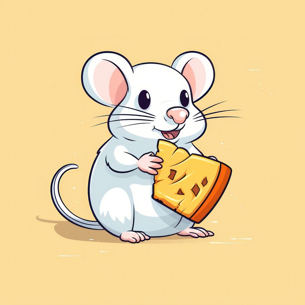 White rat holding cheese cartoon animal mammal.