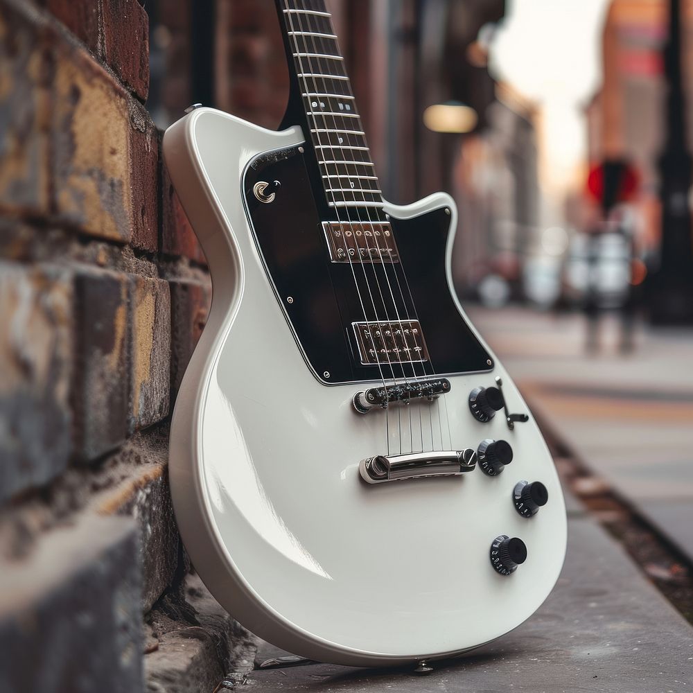 Electric guitar white fretboard outdoors.