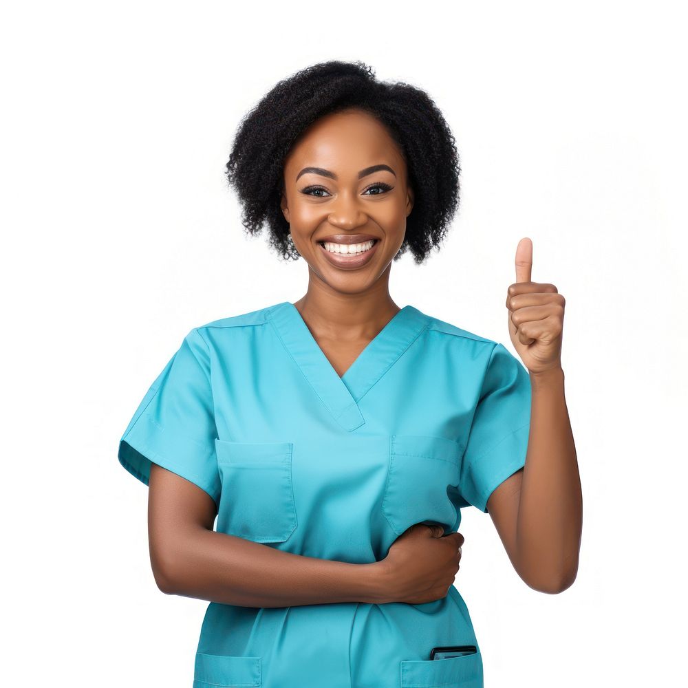 Female nurse portrait finger smile.