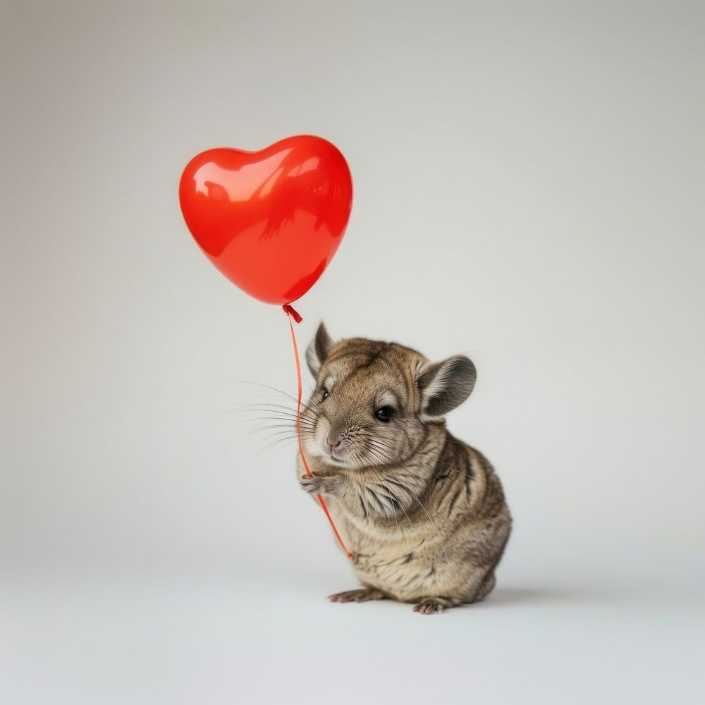Chinchilla holding heart balloon animal mammal.