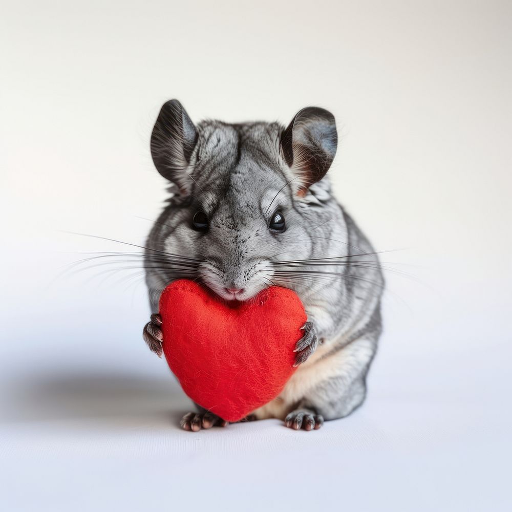 Chinchilla holding heart animal mammal rodent.