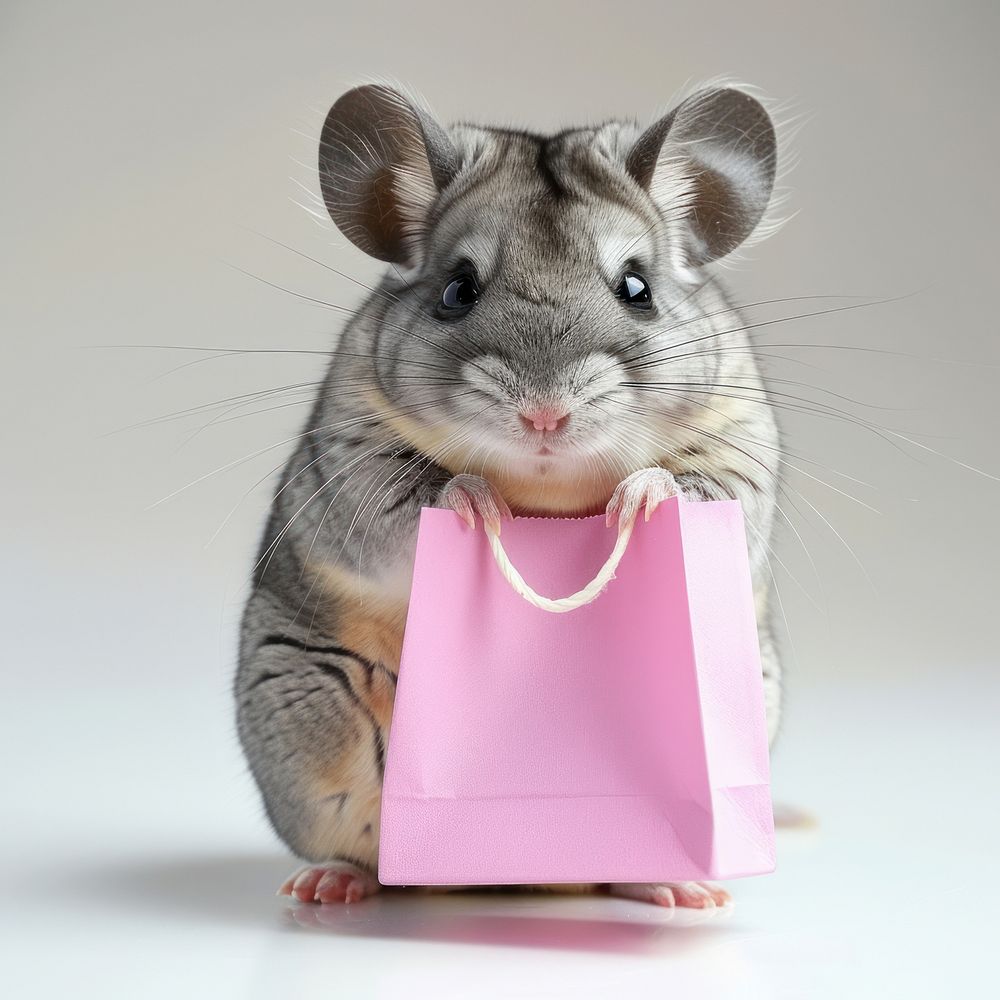 Chinchilla holding shopping bag animal mammal rodent.
