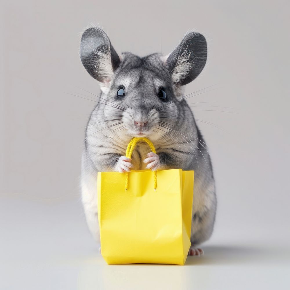 Chinchilla holding shopping bag animal mammal rodent.