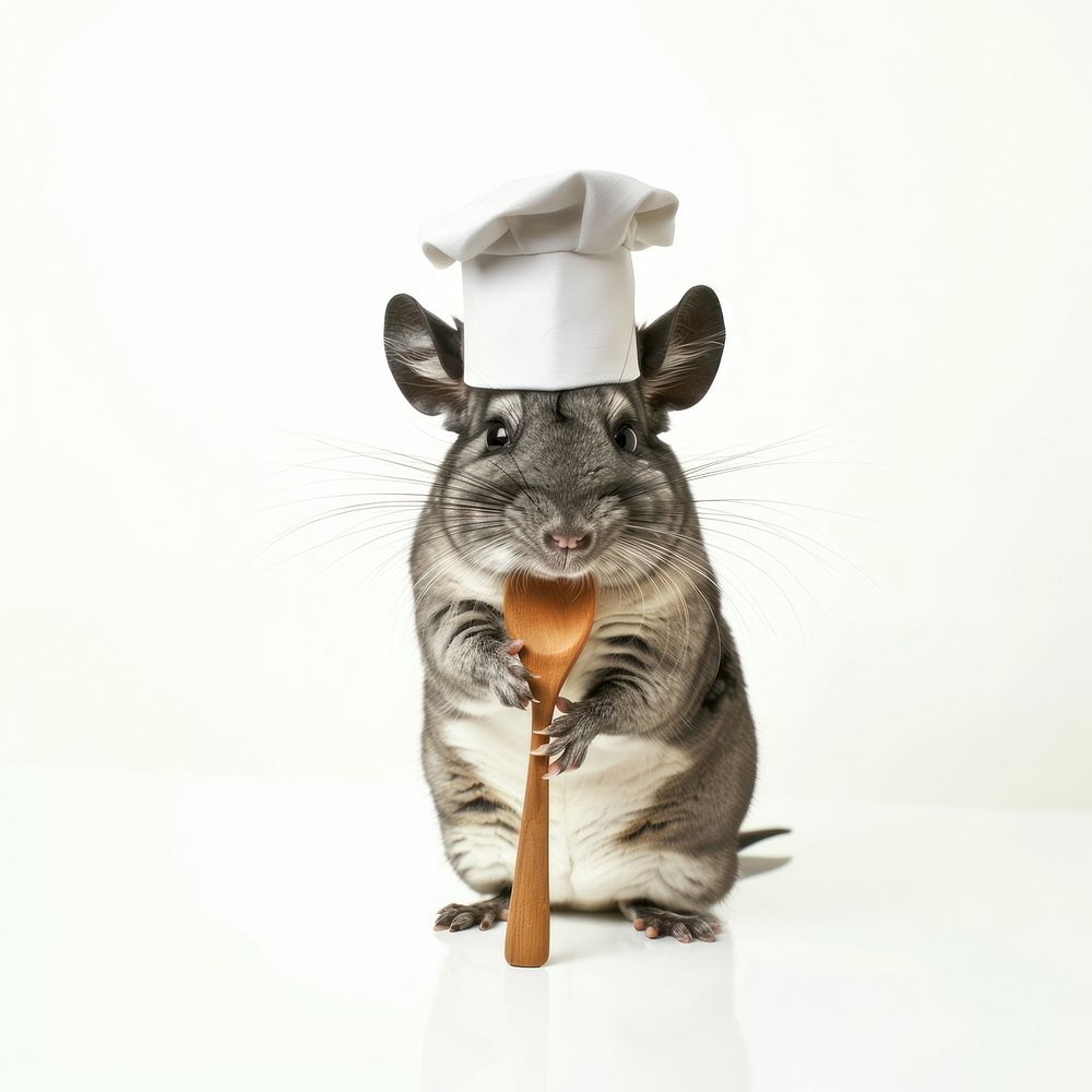 Chinchilla holding spoon animal mammal rodent.