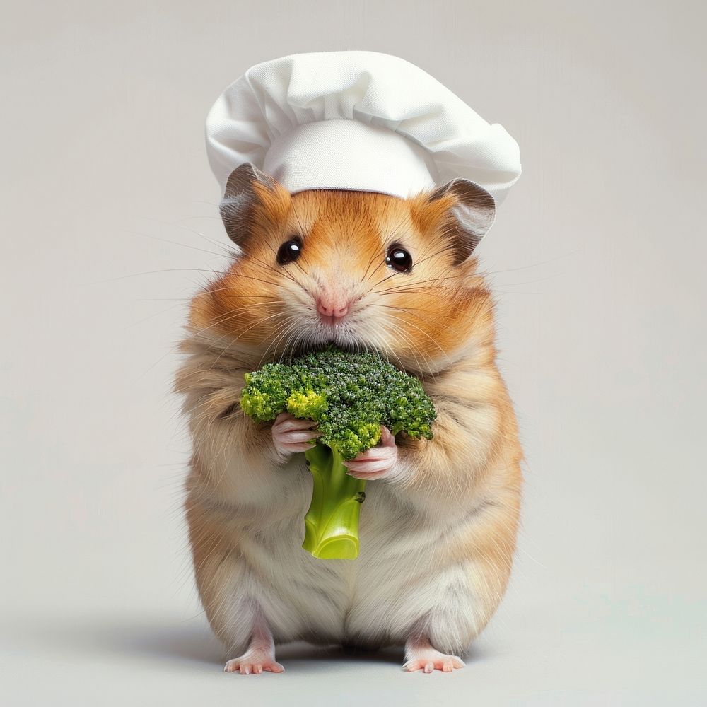 Hamster holding broccoli rodent mammal animal.