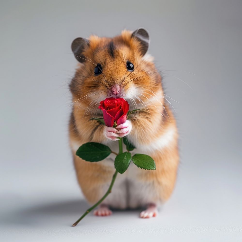 Hamster holding tiny rose animal pet mammal.