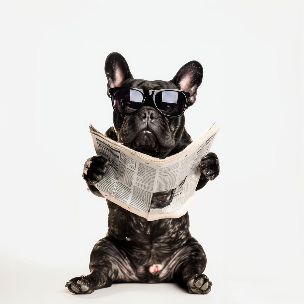 French bulldog holding newspaper glasses animal pet.
