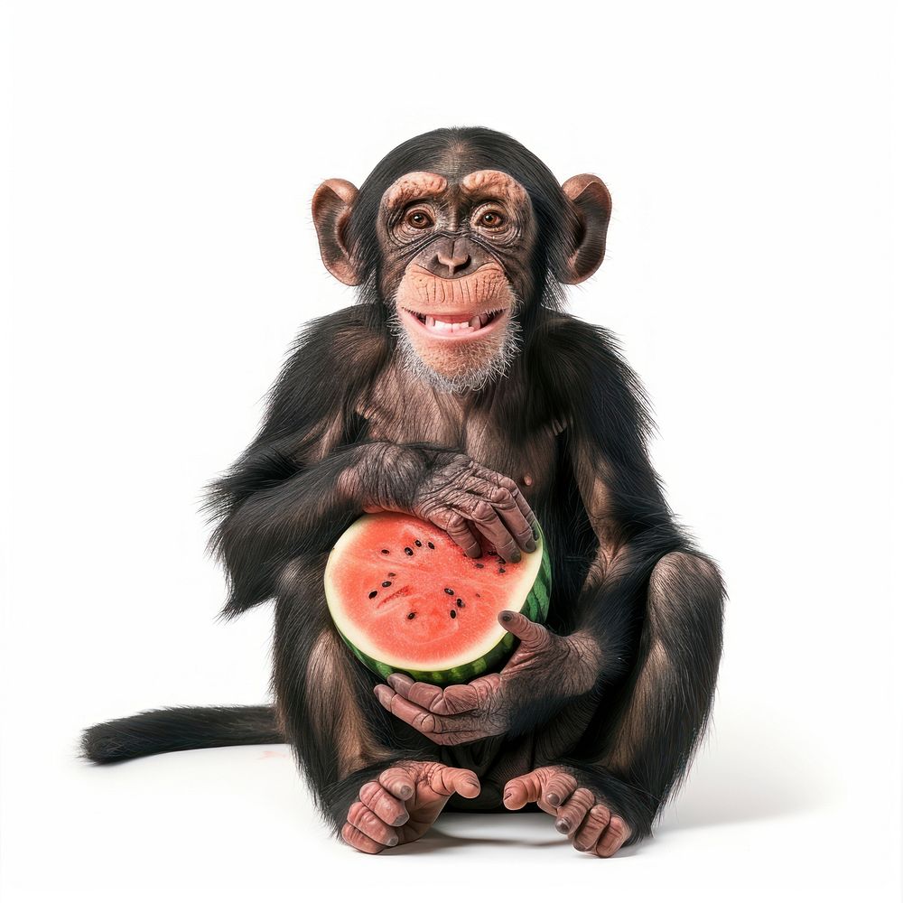 Monkey holding watermelon animal mammal fruit.