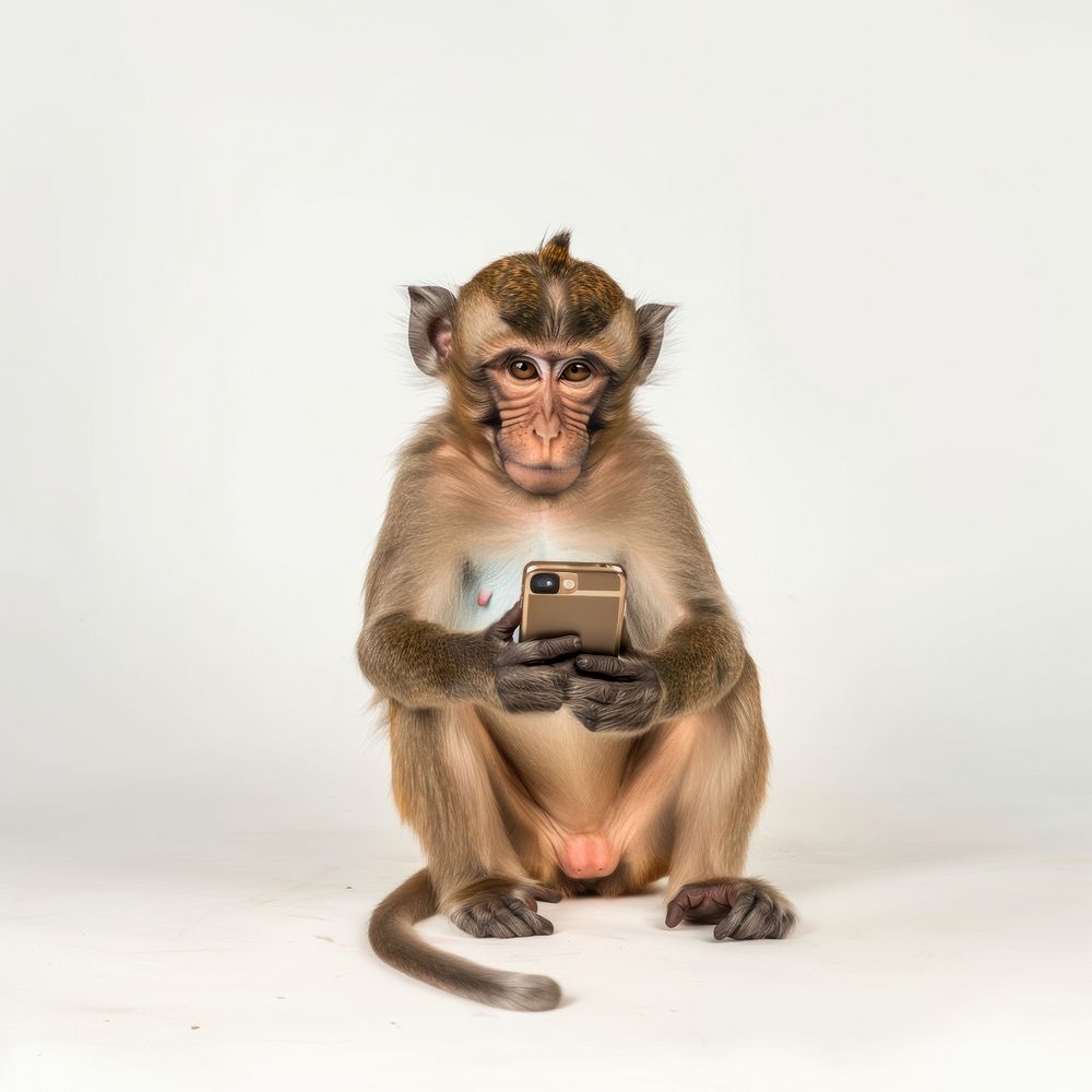 Monkey holding smartphone animal wildlife mammal.