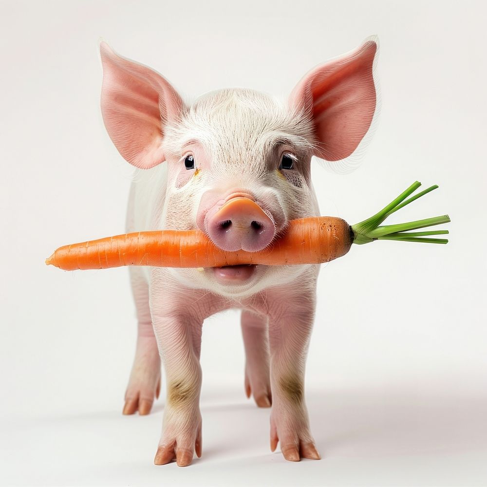 Pig holding carrot animal mammal agriculture.