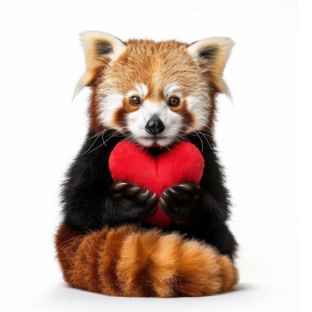 Red panda holding heart animal mammal pet.
