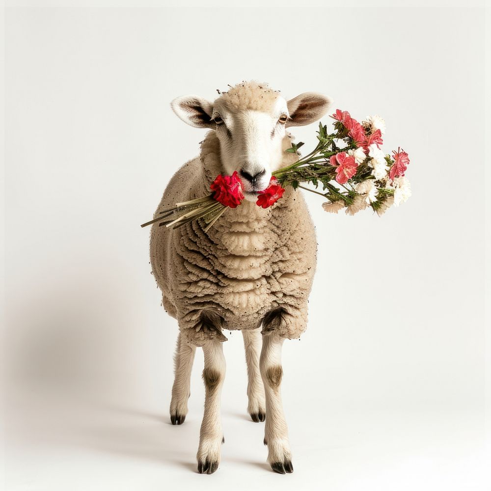 Sheep holding flowers animal livestock standing.