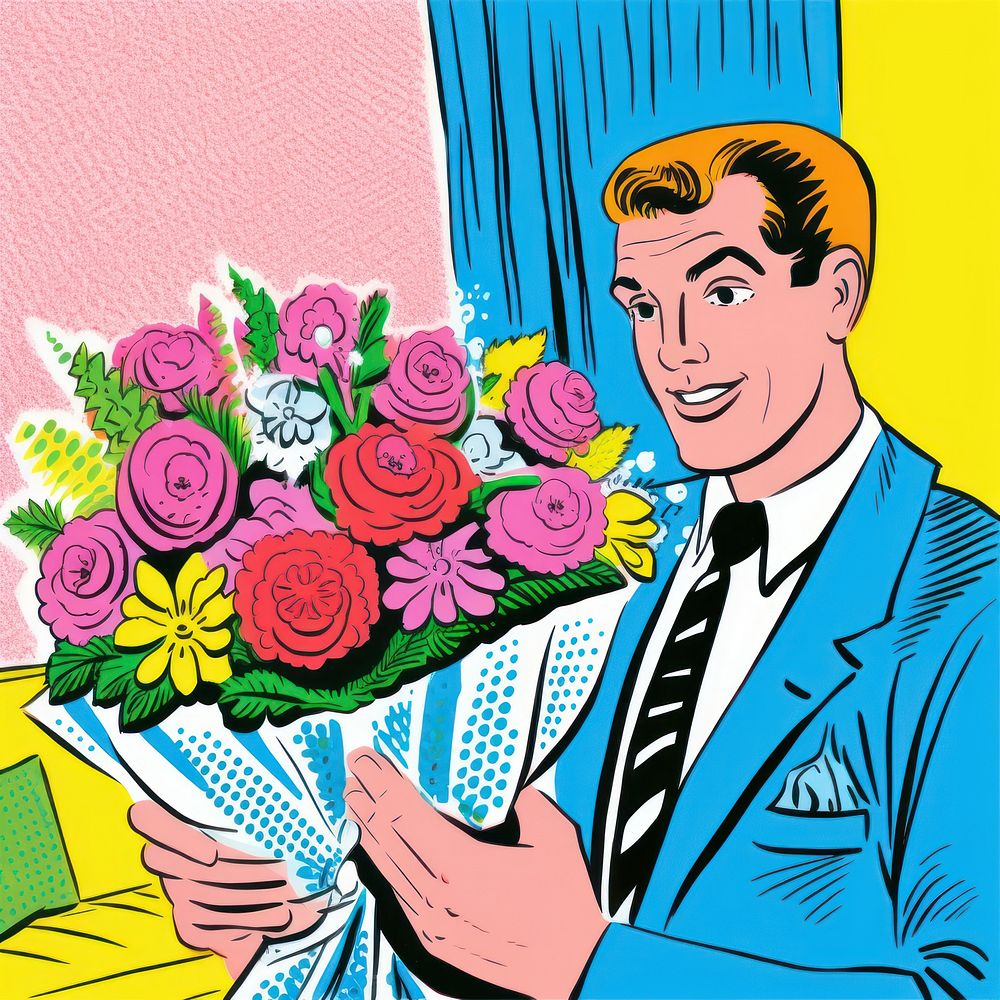 Comic of person holding bouquet drawing flower comics.