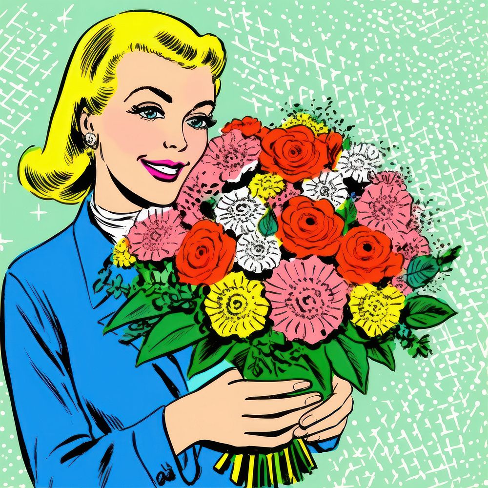 Comic of person holding bouquet pattern flower plant.