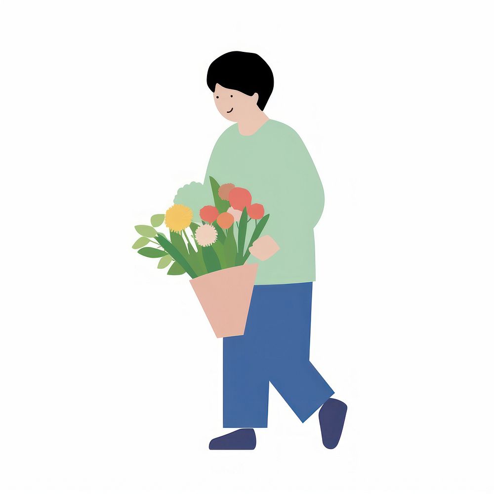Illustration of a simple person holding bouquet gardening flower plant.