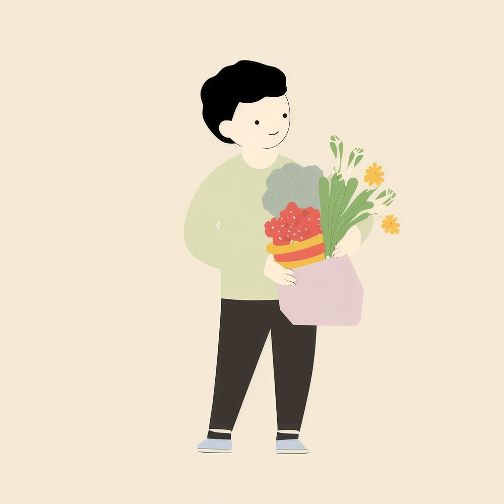 Illustration of a simple person holding bouquet art accessories creativity.