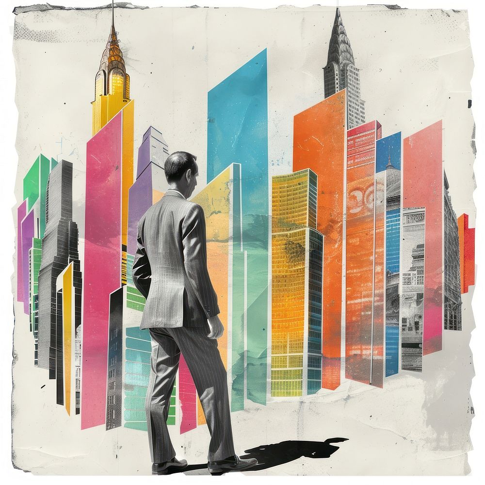 Businessman collage skyscraper painting.