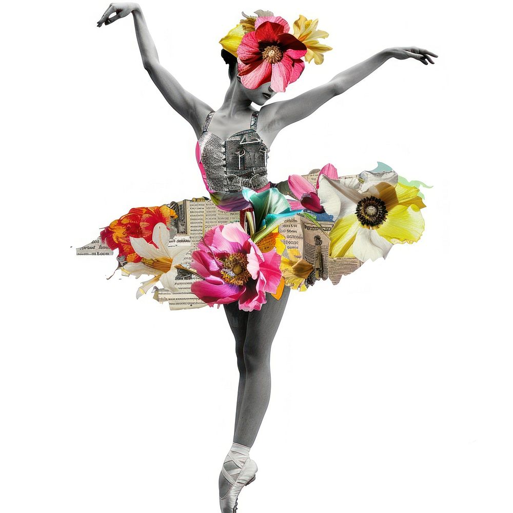 Ballerina with colorful vintage flowers dancing ballet white background.