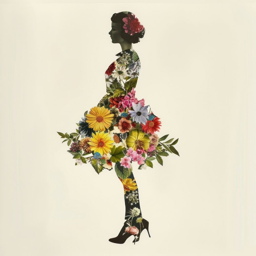 Paper collage of woman flower sunflower footwear.