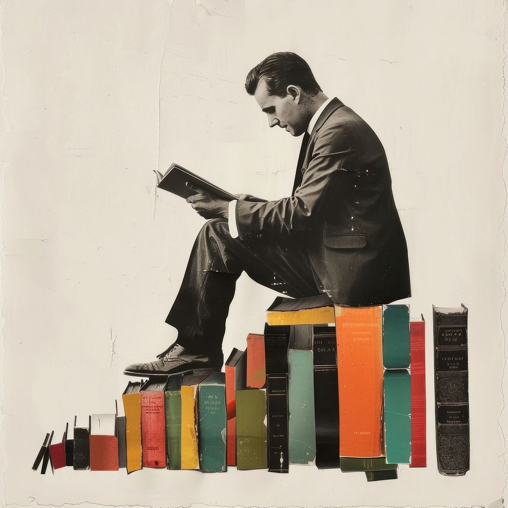 Paper collage of man reading sitting adult book.