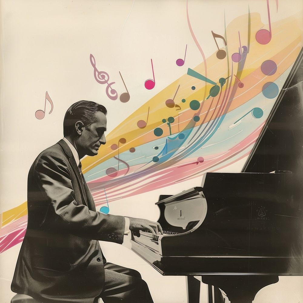 Paper collage of man piano music musician.