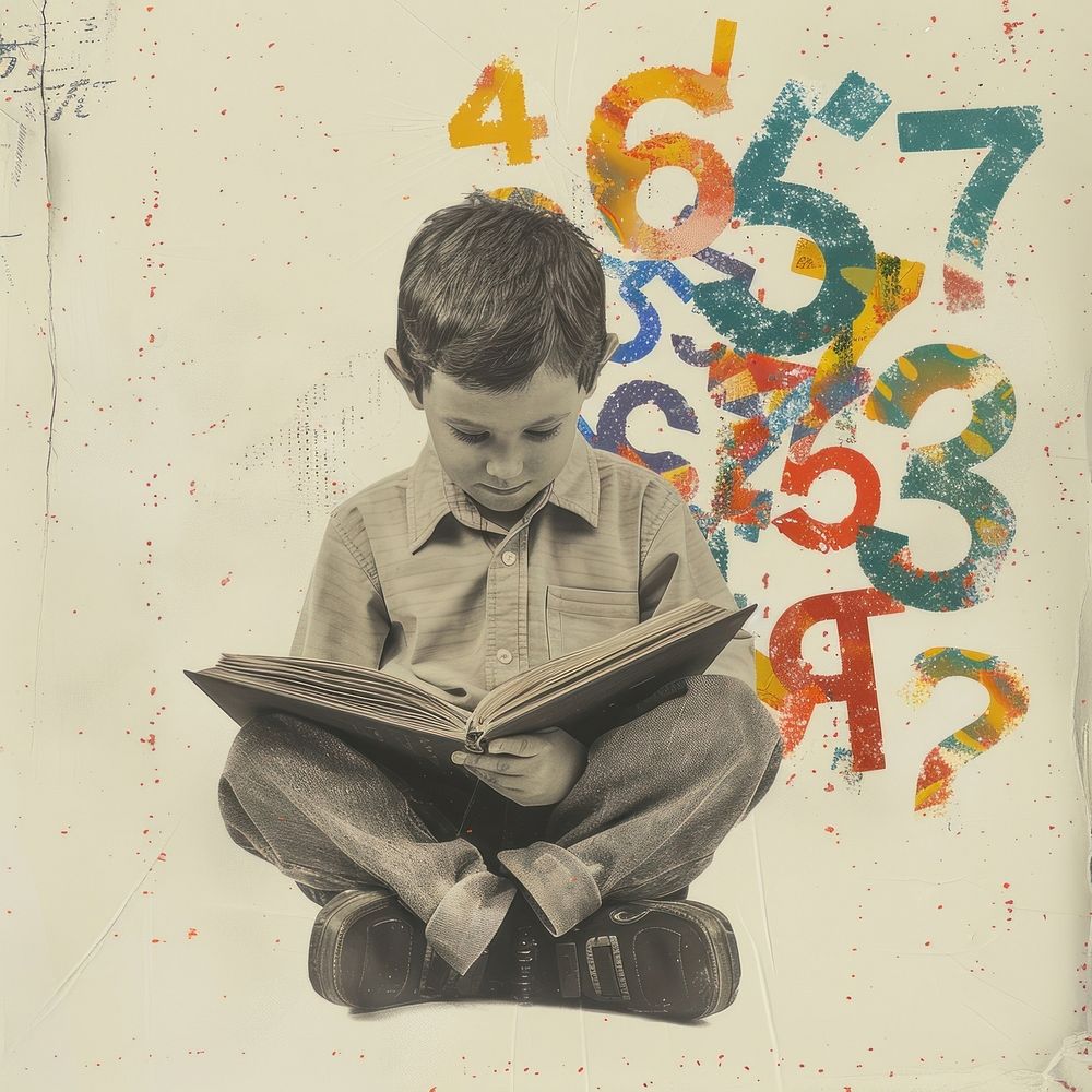 Collage of kid reading a book publication number paper.