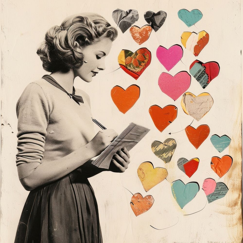 Paper collage of woman adult heart love.