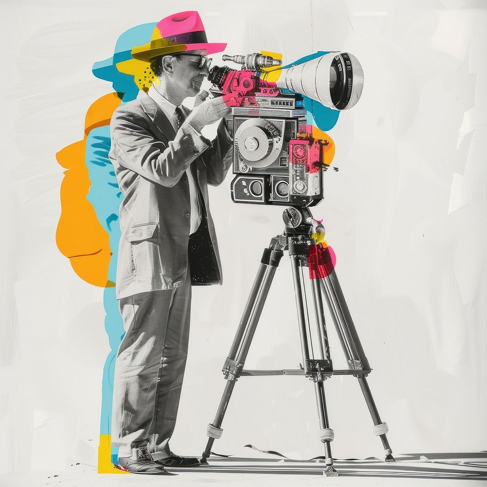 Paper collage of film director photographer camera tripod.