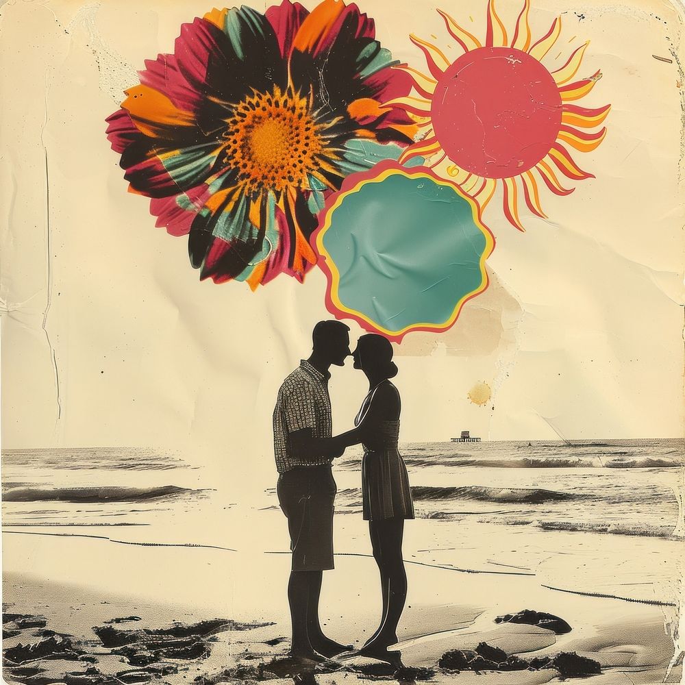 Paper collage couple beach flower | Free Photo Illustration - rawpixel