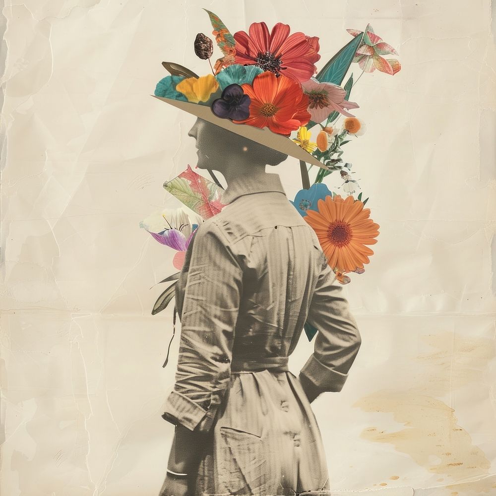 Paper collage of woman flower painting plant.
