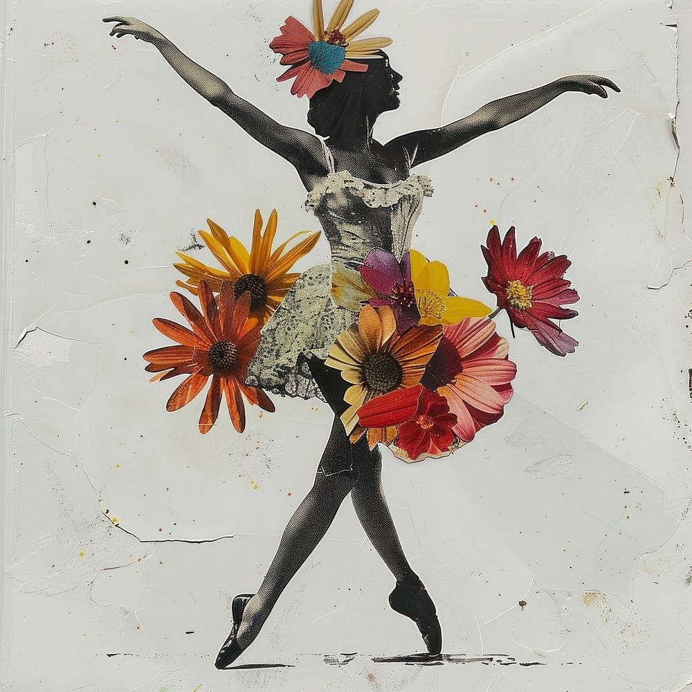 Ballerina with colorful vintage flowers painting dancing art.