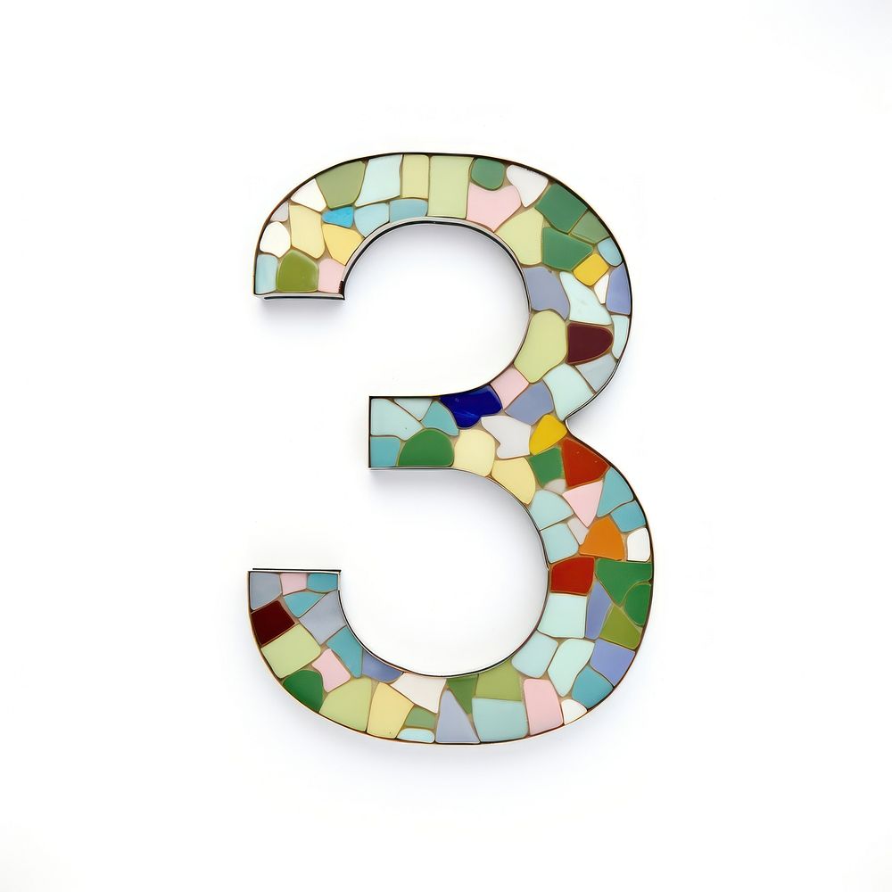 Mosaic letters number 3 shape white background outdoors.