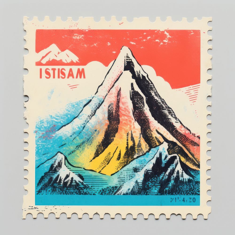 Mountain Risograph style postage stamp architecture creativity.