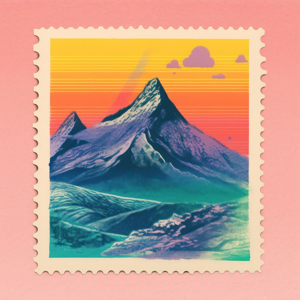 Mountain Risograph style postage stamp blackboard landscape.