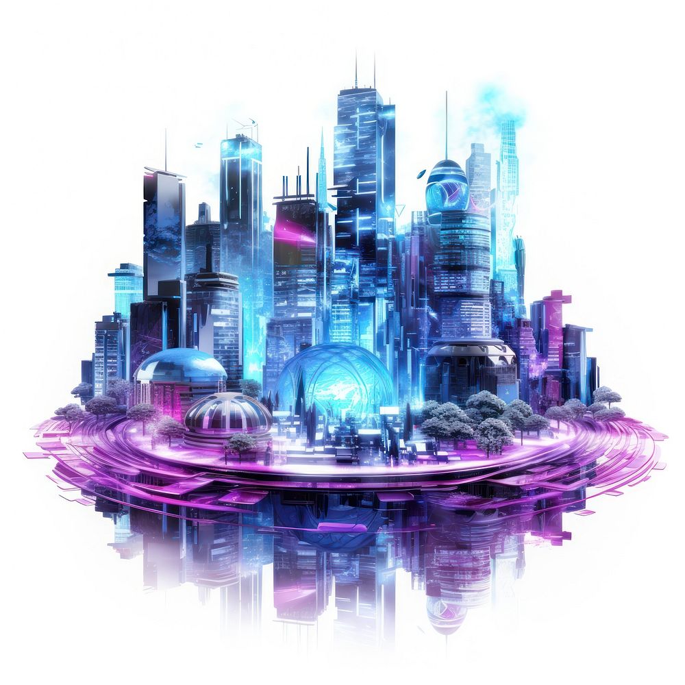 City metropolis purple white background.