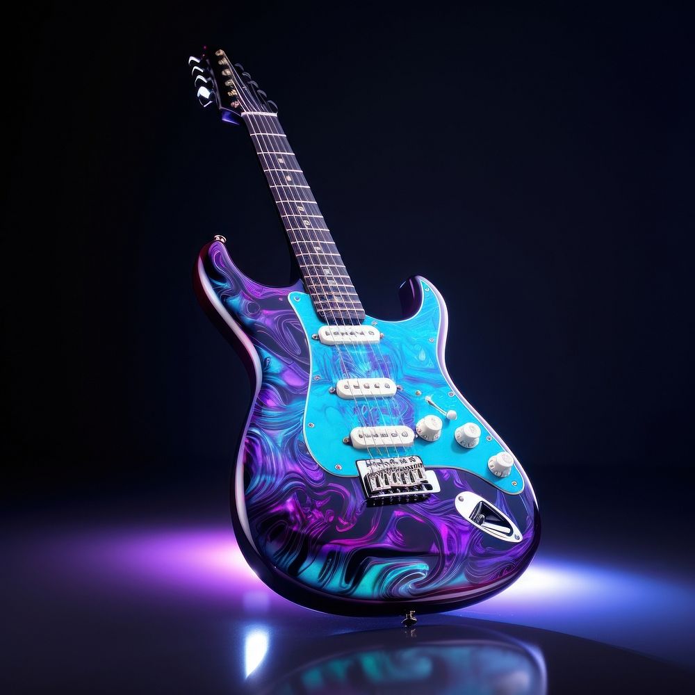 Electric guitar violet illuminated performance.