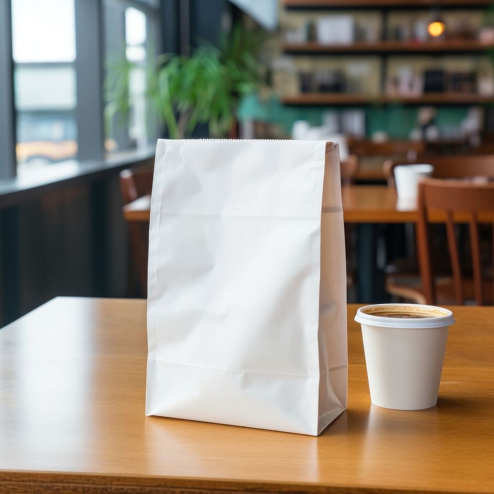 Kraft Paper Bag Mockup coffee bag table.