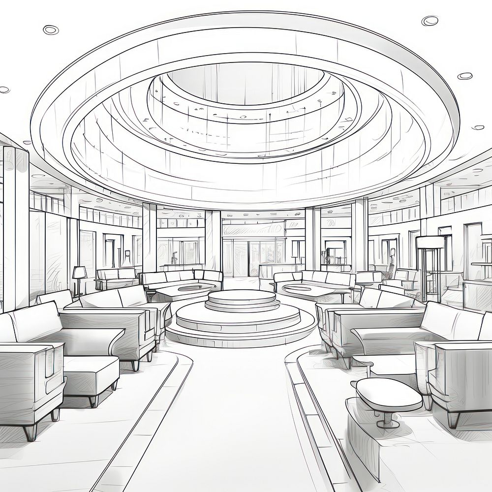 Reception hall sketch furniture drawing.