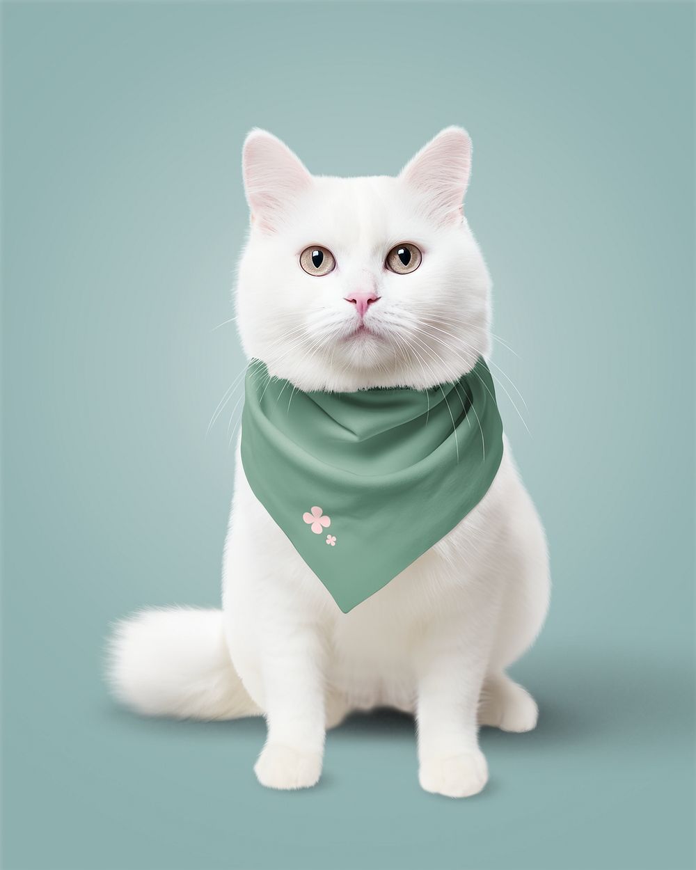 White cat with green scarf