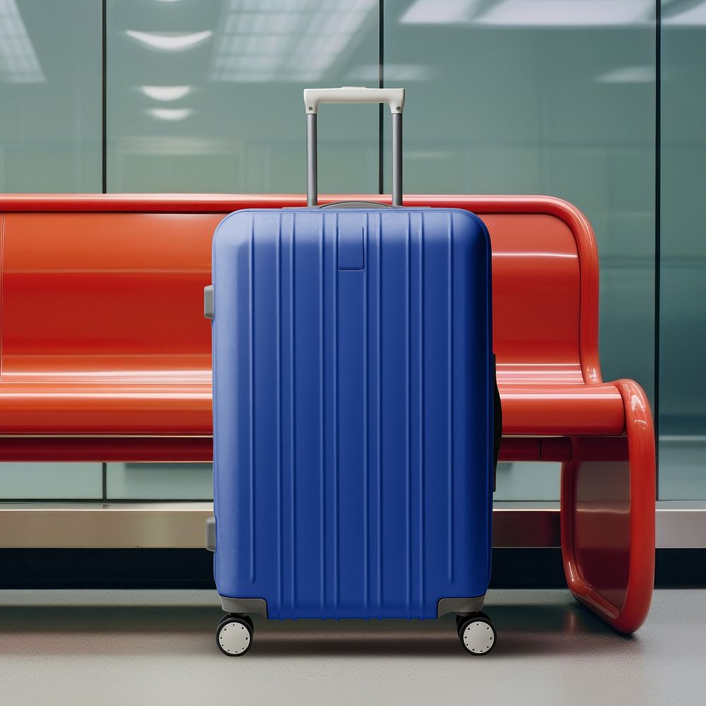 Blue luggage by red bench