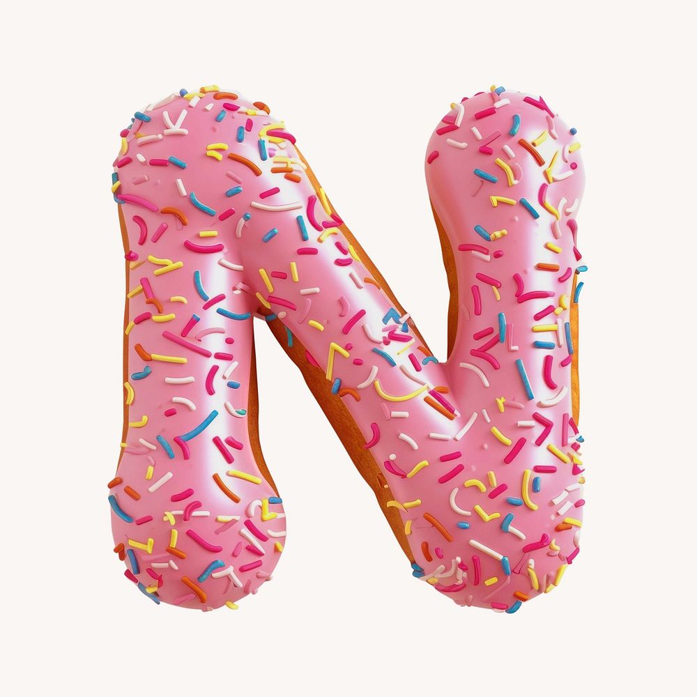 Letter N, 3D alphabet pink donut illustration