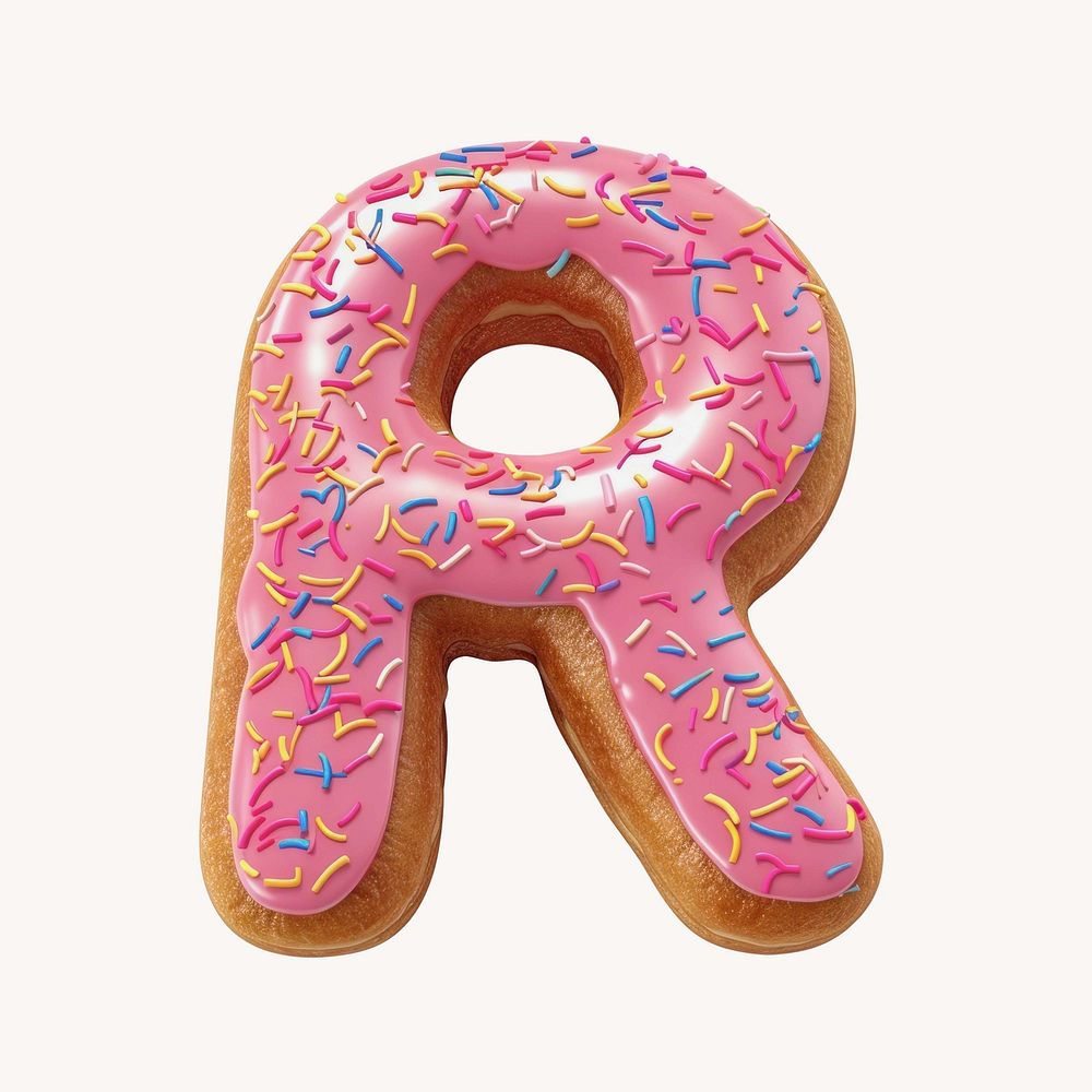 Letter R, 3D alphabet pink donut illustration