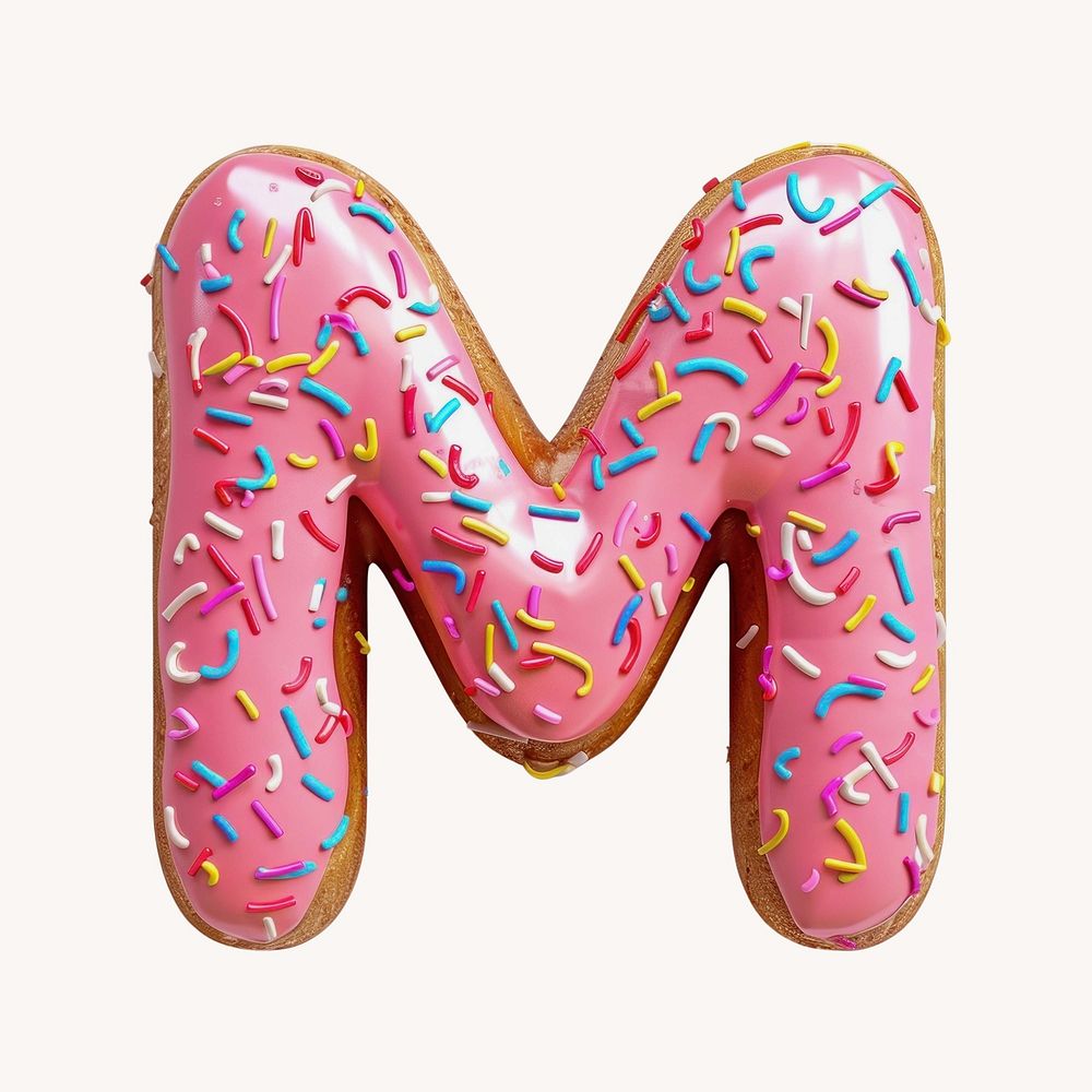 Letter M, 3D alphabet pink donut illustration