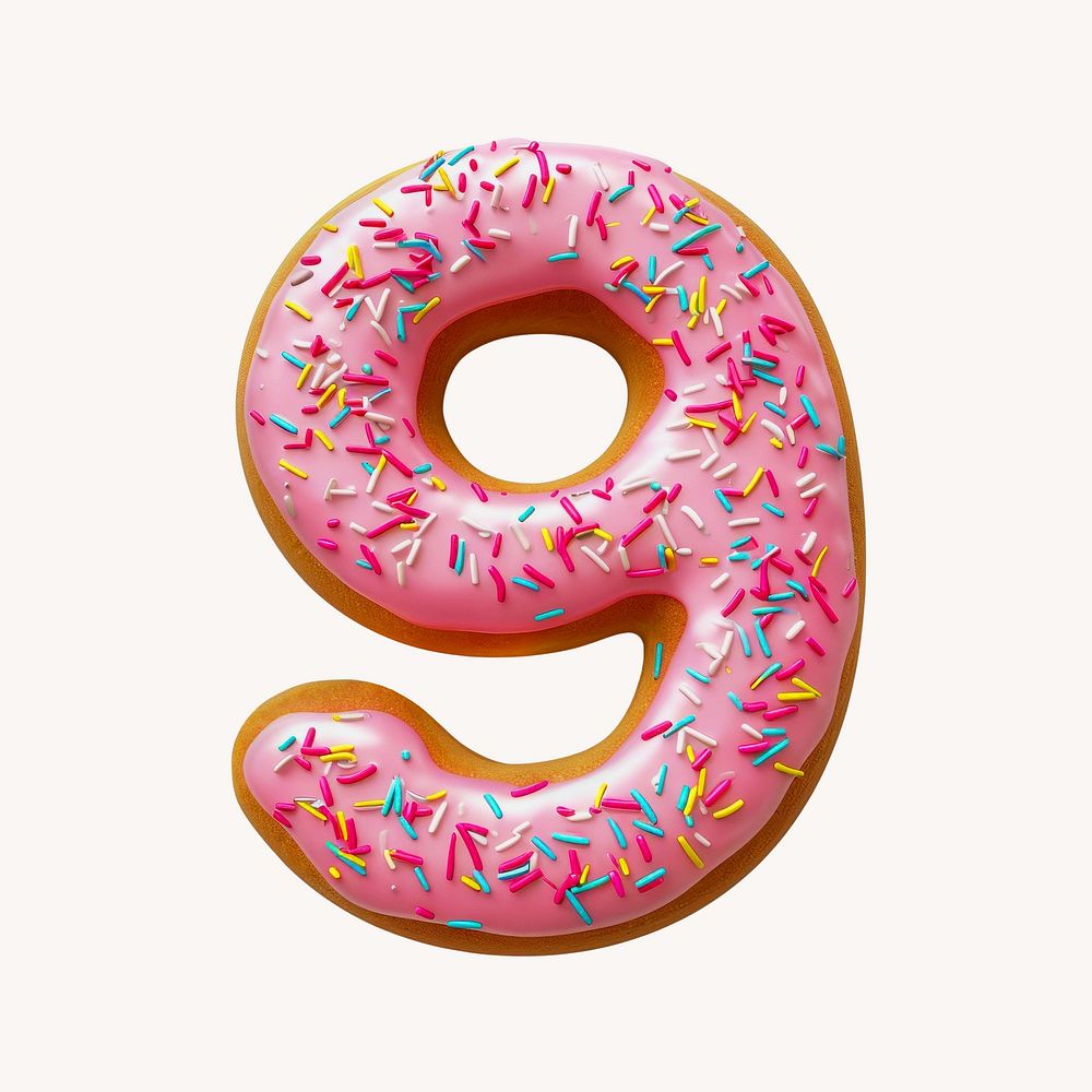 Number 9, 3D pink donut illustration